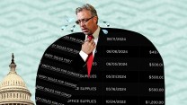 A collage of Andy Ogles, superimposed over a campaign finance form. Water droplets resembling beads of sweat surround his face.