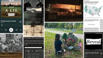 A collage of images related to historical injustice, gun violence, and investigative journalism. Top left shows the podcast ‘40 Acres and a Lie.’ Center left features a historic document and a black-and-white photo of a group of people. Top center shows a night photo of a shuttered gun range called ‘Shooters Paradise Indoor Shooting.’ Top right includes a U.S. map of red flag gun laws and a highlighted excerpt about warning signs of mass shooters. Bottom center shows a woman kneeling at a decorated grave in a cemetery. Bottom right shows another podcast episode titled ‘Lessons From a Mass Shooter’ by Reveal.