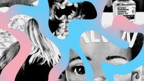 Collage featuring a photo of a mother and child, an illustration of the human form, a children's book, a bottle of testosterone, and a shark plush toy. The images peek through looping organic shapes, over a pink-to-blue gradient background.