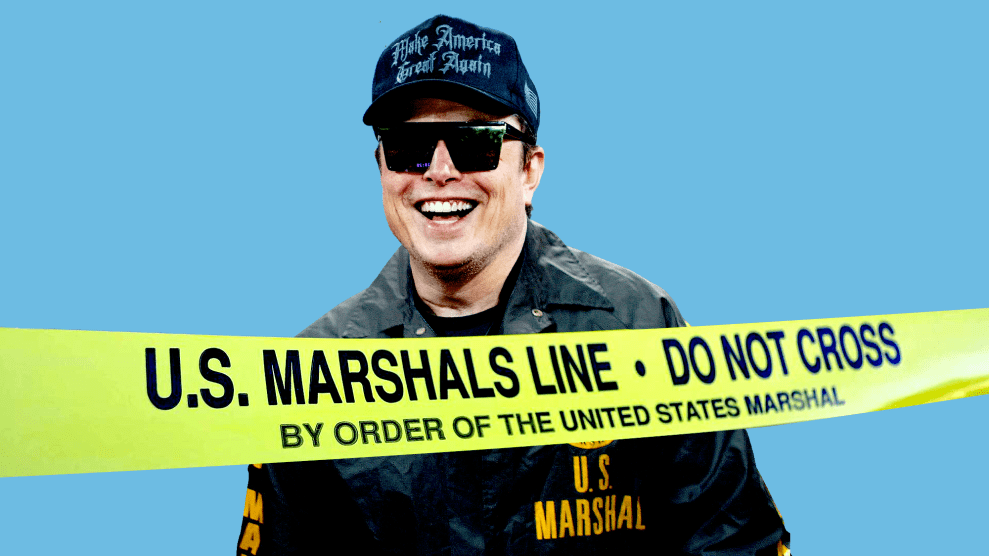 A photo illustration of Elon Musk, a middle-aged Caucasian man, smiling with mouth agape, teeth visible. He's wearing sunglasses, a black baseball cap with the words "Make America Great Again" in gothic type. He's illustrated wearing a black jacket with U.S. Marshal written on the left breast in gold. The circular logo of the orgnization with a star at the center is above the words. And, seemingly in front of Musk is a string of yellow tape that reads in black sans serif type: "U.S. Marshals Line ... Do not cross ... By order of the United States Marshal."