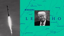 Photo collage of a satellite rocket blasting off into orbit on the left, and a small image of a smiling Donald Trump, overlaid on a map of the country of Lesotho on the right.