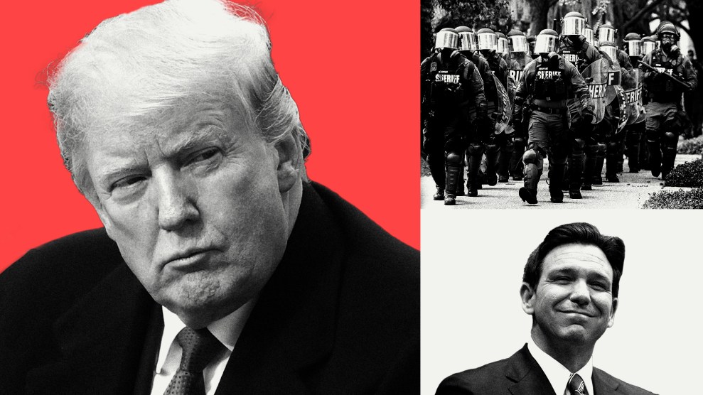 Photo collage featuring a frowning Donald Trump, looking towards a smiling Ron Desantis and a group of heavily armed Florida sheriffs.