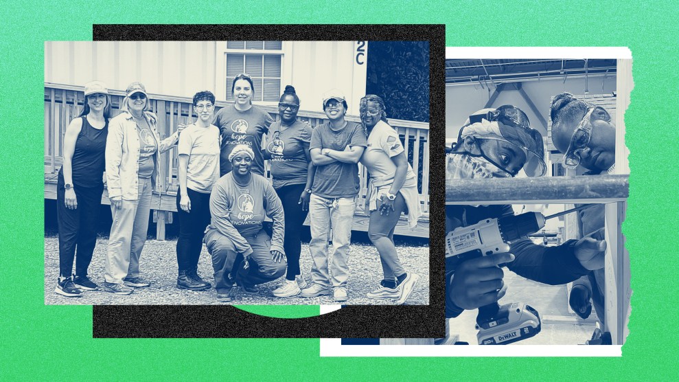 A a collage of two photos. In the left photo, a group of smiling women of different ethnicities wearing "Hope Renovations" t-shirts pose together outdoors. The left photo is a tighter photo of one woman using a cordless screwdriver as another woman observes.