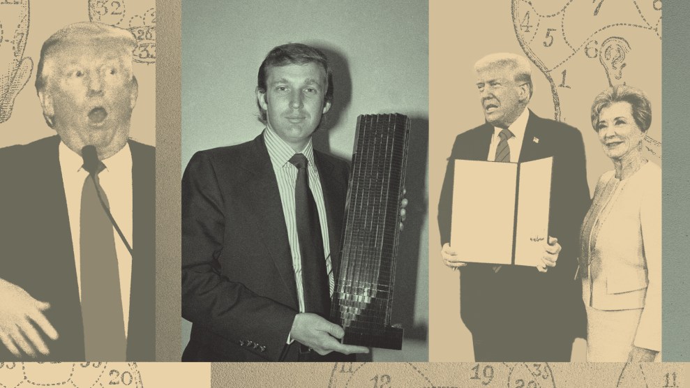 A triptych-style collage featuring Donald Trump at different stages of life and career. Left panel shows Trump mid-speech with a surprised expression, overlaid with anatomical-style sketches of a skull and brain. Center panel shows a younger Trump in a suit, holding a model skyscraper. Right panel shows an older Trump holding a proclamation alongside a smiling woman, with diagrammatic drawings of a head and ear in the background. The image has a vintage, sepia-toned aesthetic.