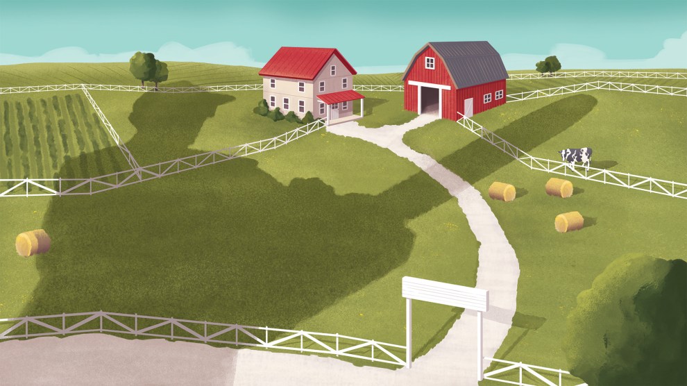 An image of a big shadow of someone with a chainsaw is cast onto a small farm.